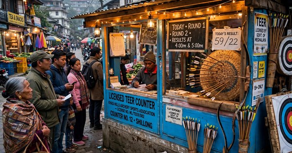 Licensed teer ticket counter stall in Shillong with players buying tickets