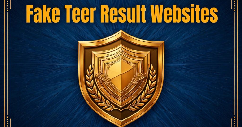 Fake teer result websites warning guide with shield and checkmark icons