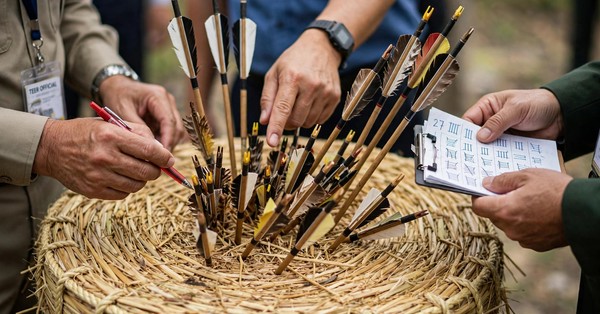 Officials counting arrows stuck in the straw target after the shooting round