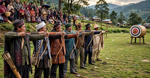 Archers shooting arrows at targets during a Shillong Teer session at Polo Ground