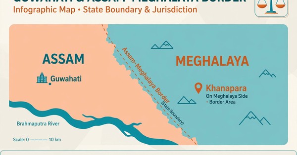 Map graphic showing the Assam and Meghalaya state border near Guwahati and Khanapara with a legal scales icon