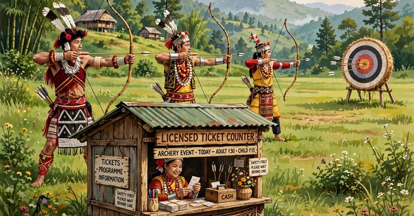 Illustration of archers shooting arrows at a target at the Polo Ground Shillong with a licensed teer counter booth nearby