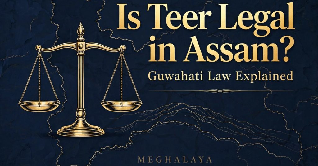 Title card asking Is Teer Legal in Assam with Guwahati law explained and legal scales artwork