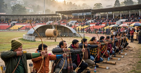 Archers shooting arrows at a target during a traditional teer archery round in Shillong