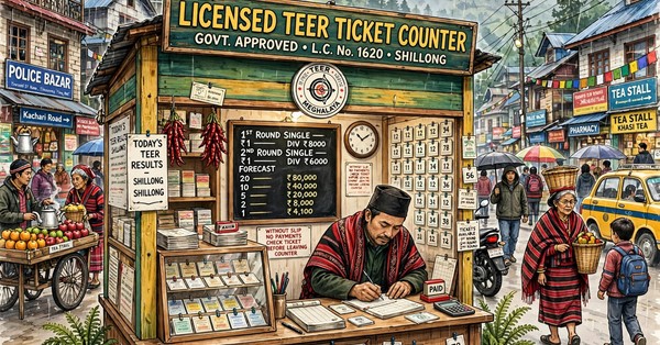 Close up of a licensed teer ticket counter signboard in Shillong market area