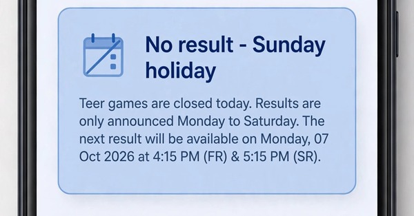 Smartphone screen showing a teer result list page with a Sunday no result notice