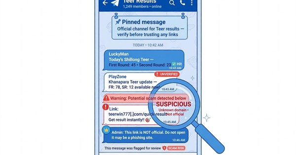 Smartphone showing a Telegram channel with warning signs over fake teer result messages