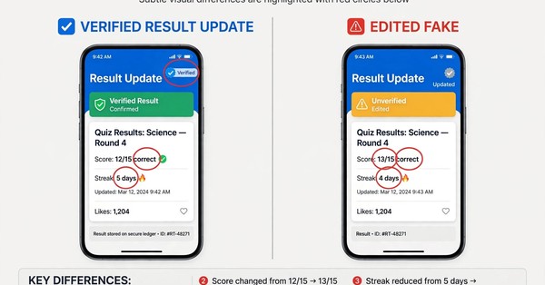 Side by side comparison of a real teer result update and an edited fake screenshot