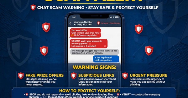 Warning graphic showing a smartphone with scam alert symbols over a WhatsApp style chat screen